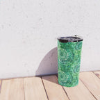 Jumbo Tie Dye Batik in Bright Green Circling Swirls on Teal Travel Mug Gallery Image 4