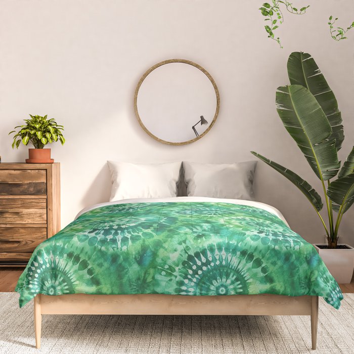 Jumbo Tie Dye Batik in Bright Green Circling Swirls on Teal Comforter Gallery Image 3