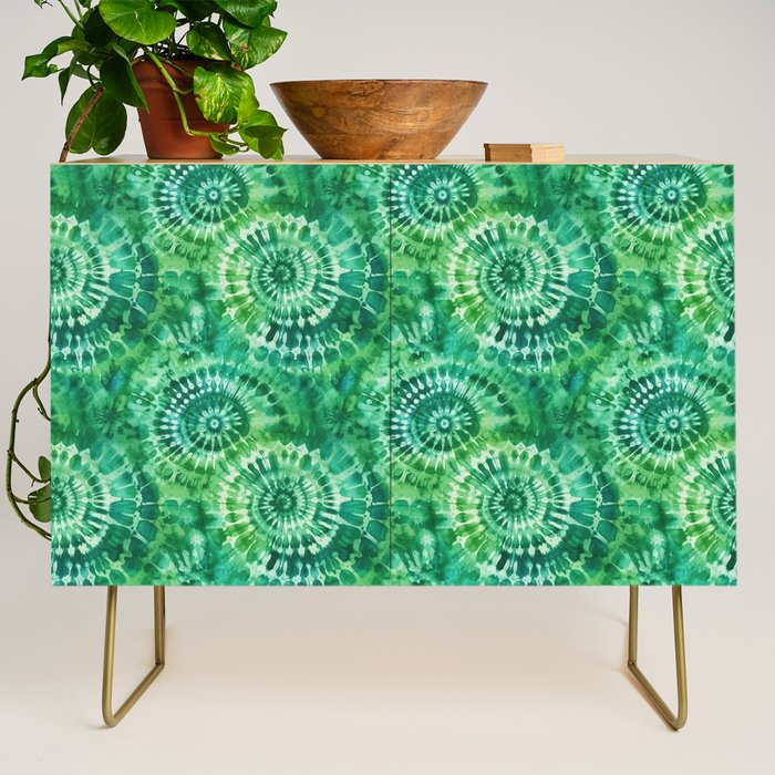 Jumbo Tie Dye Batik in Bright Green Circling Swirls on Teal Credenza Gallery Image 1