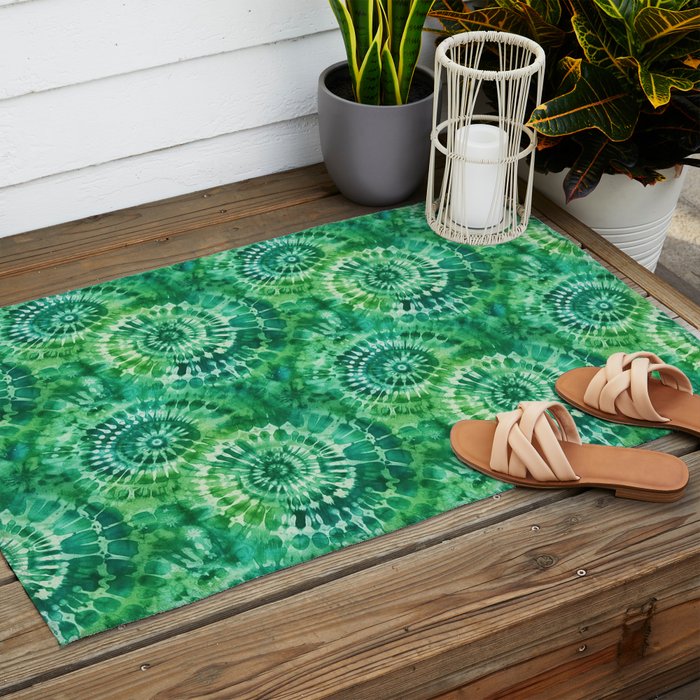 Jumbo Tie Dye Batik in Bright Green Circling Swirls on Teal Outdoor Rug Gallery Image 2
