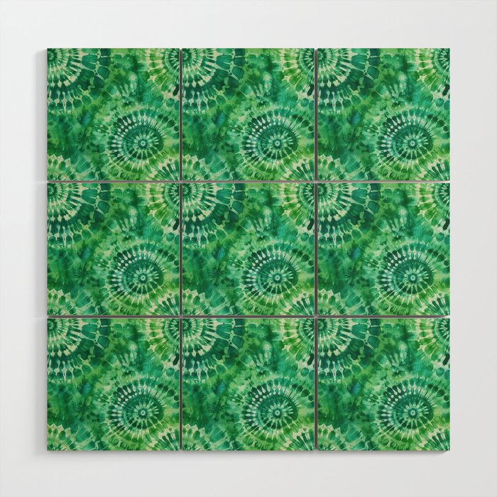 Jumbo Tie Dye Batik in Bright Green Circling Swirls on Teal Wood Wall Art Gallery Image 1