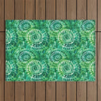 Jumbo Tie Dye Batik in Bright Green Circling Swirls on Teal Outdoor Rug Gallery Image 1