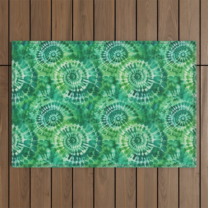 Jumbo Tie Dye Batik in Bright Green Circling Swirls on Teal Outdoor Rug Gallery Image 1