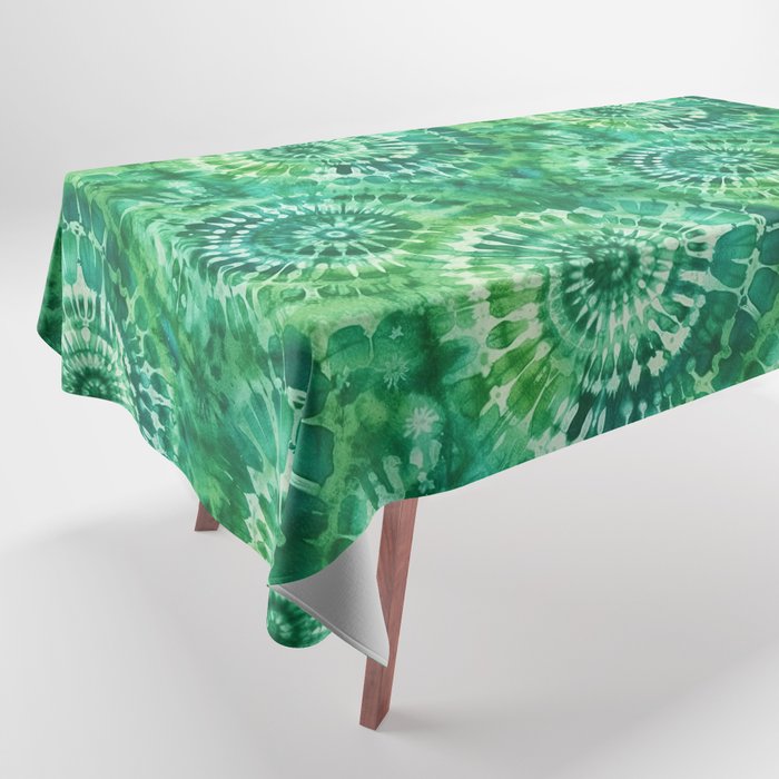 Jumbo Tie Dye Batik in Bright Green Circling Swirls on Teal Tablecloth Gallery Image 1