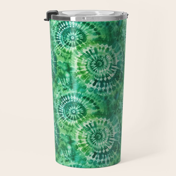 Jumbo Tie Dye Batik in Bright Green Circling Swirls on Teal Travel Mug Gallery Image 3