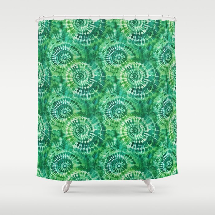 Jumbo Tie Dye Batik in Bright Green Circling Swirls on Teal Shower Curtain Gallery Image 1
