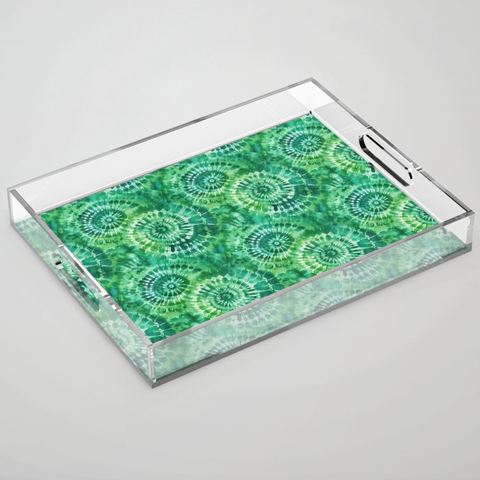 Jumbo Tie Dye Batik in Bright Green Circling Swirls on Teal Acrylic Tray Gallery Image 1