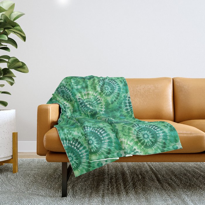 Jumbo Tie Dye Batik in Bright Green Circling Swirls on Teal Throw Blanket Gallery Image 1