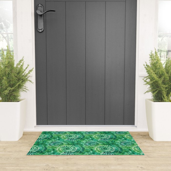 Jumbo Tie Dye Batik in Bright Green Circling Swirls on Teal Welcome Mat Gallery Image 3