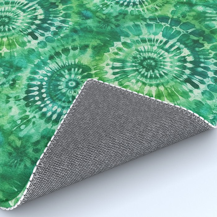 Jumbo Tie Dye Batik in Bright Green Circling Swirls on Teal Rug Gallery Image 4