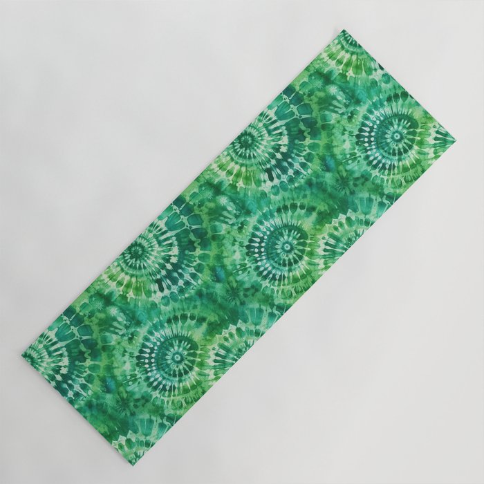 Jumbo Tie Dye Batik in Bright Green Circling Swirls on Teal Yoga Mat Gallery Image 1