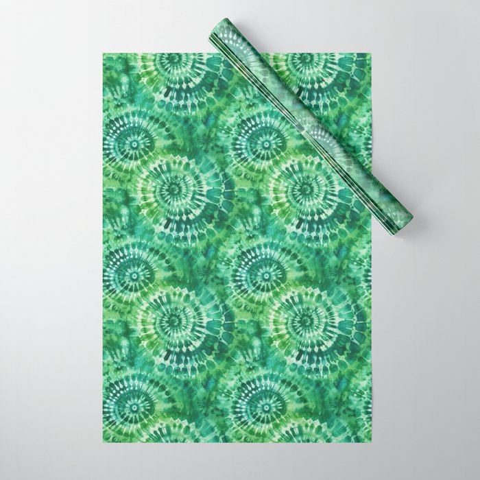 Jumbo Tie Dye Batik in Bright Green Circling Swirls on Teal Wrapping Paper Gallery Image 1