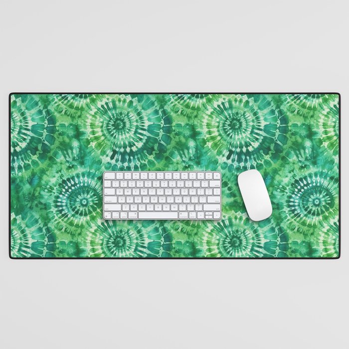 Jumbo Tie Dye Batik in Bright Green Circling Swirls on Teal Desk Mat Gallery Image 1