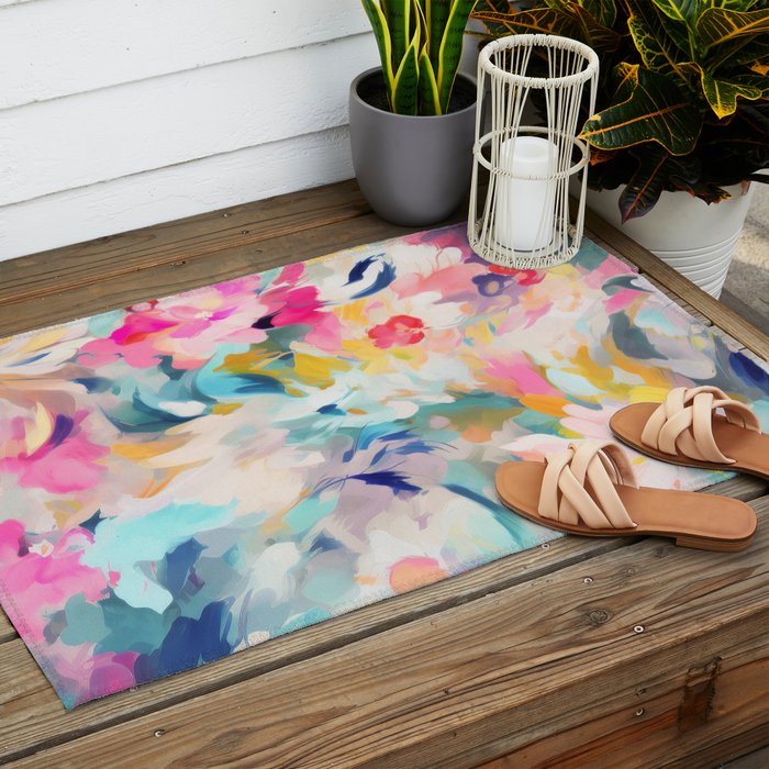 Colorful Abstract Design Rainbow Bold Bright Flowers Outdoor Rug Gallery Image 2