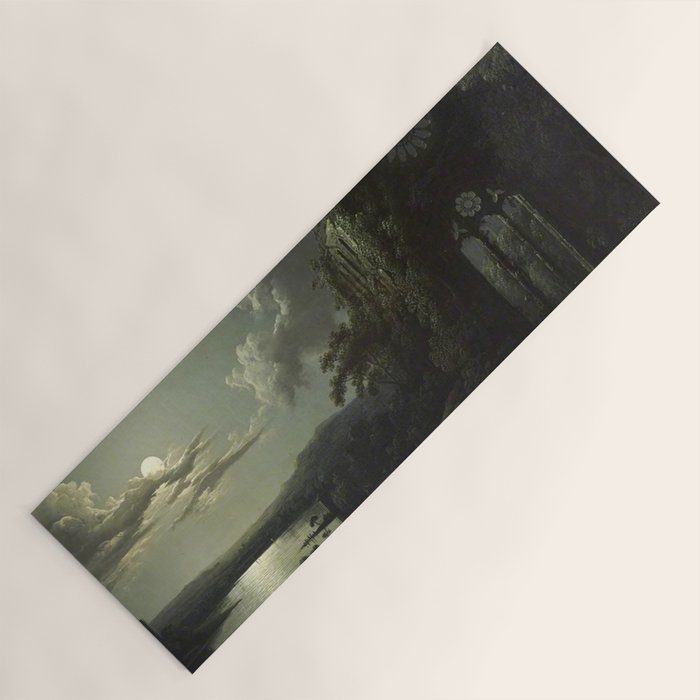 The Beautiful Ruins, Boats on a Moonlit Lake with Gothic Church landscape painting by Sebastian Pether Yoga Mat Gallery Image 1