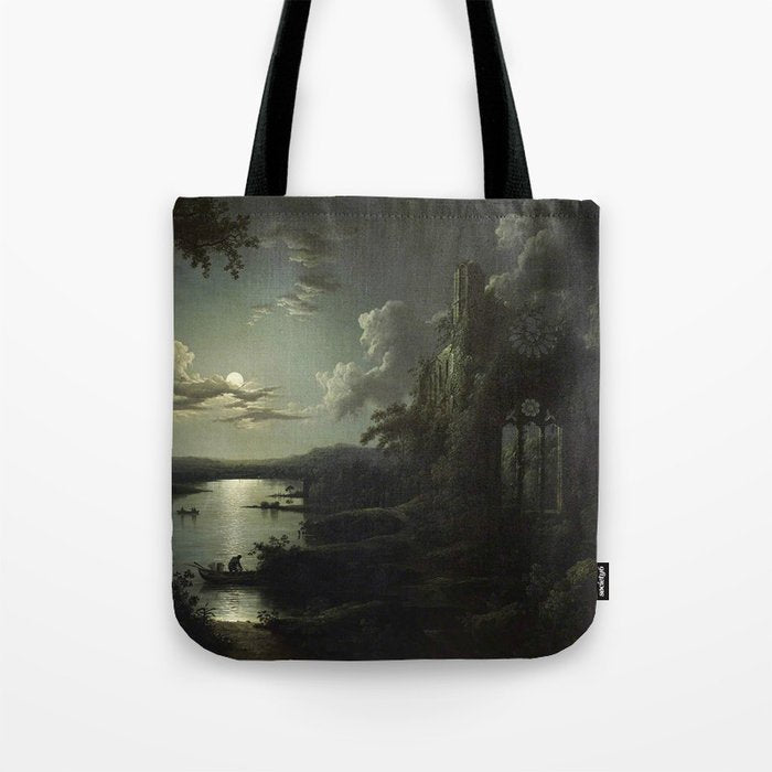 The Beautiful Ruins, Boats on a Moonlit Lake with Gothic Church landscape painting by Sebastian Pether Tote Bag Gallery Image 1