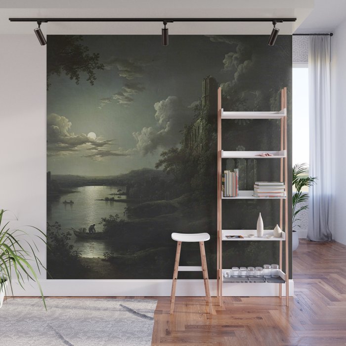The Beautiful Ruins, Boats on a Moonlit Lake with Gothic Church landscape painting by Sebastian Pether Wall Mural Gallery Image 1