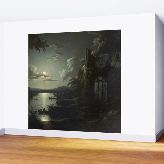 The Beautiful Ruins, Boats on a Moonlit Lake with Gothic Church landscape painting by Sebastian Pether Wall Mural Gallery Image 2