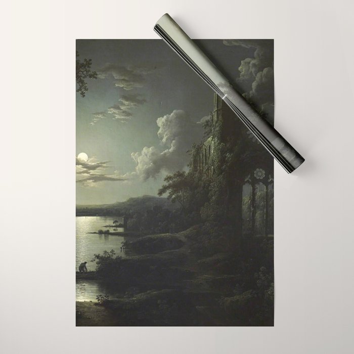 The Beautiful Ruins, Boats on a Moonlit Lake with Gothic Church landscape painting by Sebastian Pether Wrapping Paper Gallery Image 1