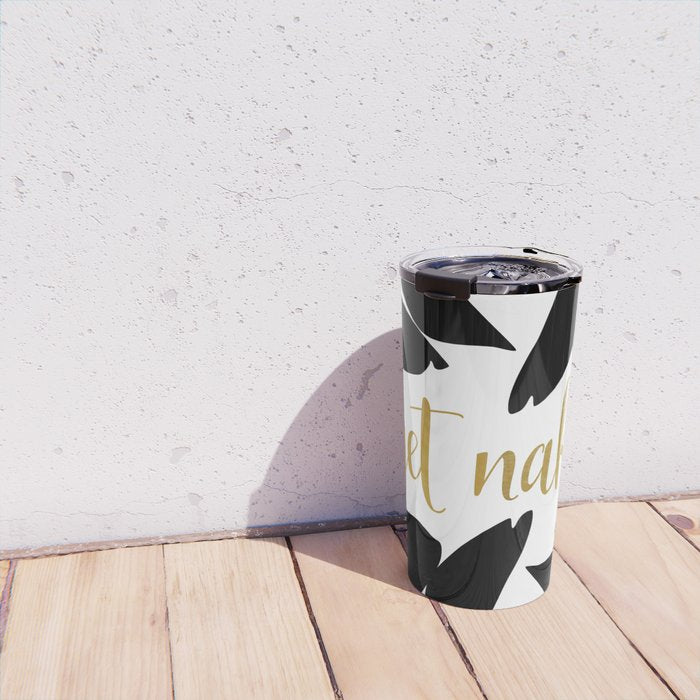 Get Naked Funny, Tropical Palm, Black, White and Gold Travel Mug Gallery Image 4