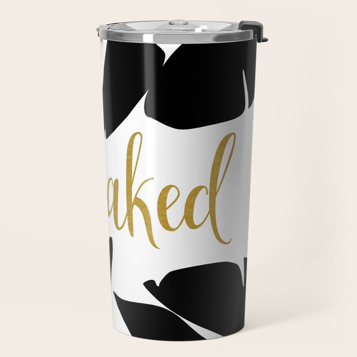 Get Naked Funny, Tropical Palm, Black, White and Gold Travel Mug Gallery Image 2