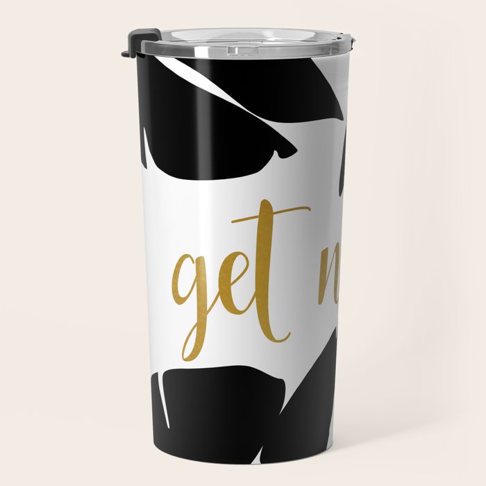Get Naked Funny, Tropical Palm, Black, White and Gold Travel Mug Gallery Image 3