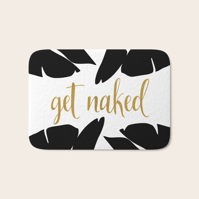 Get Naked Funny, Tropical Palm, Black, White and Gold Bath Mat Gallery Image 1