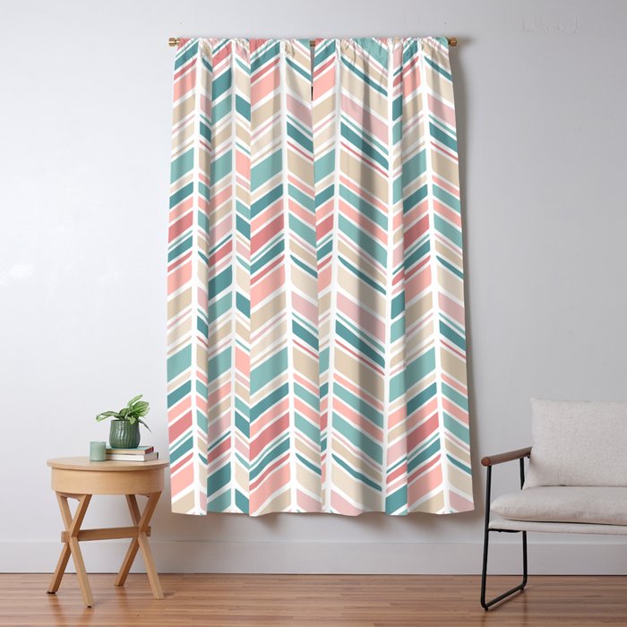 Herringbone Pattern - Cream Coral and Teal Window Curtain Gallery Image 1