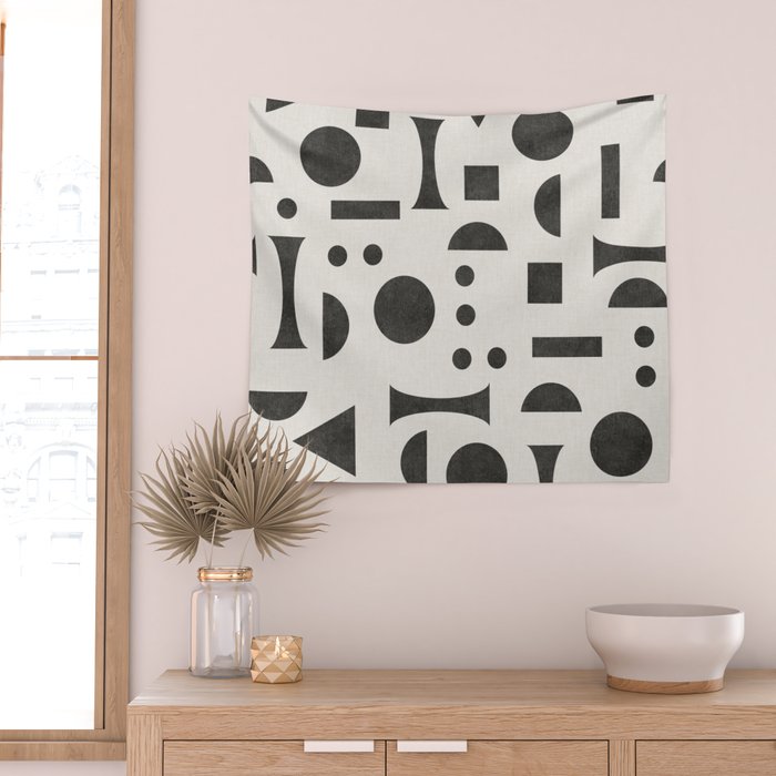 Playful Bauhaus geometric black shapes Wall Tapestry Gallery Image 2