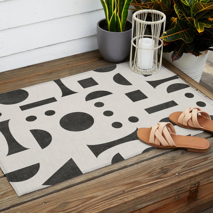 Playful Bauhaus geometric black shapes Outdoor Rug Gallery Image 2