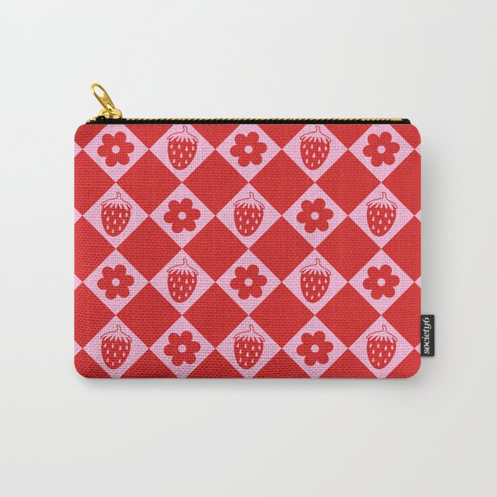 Flowers And Strawberry Pink & Red Checker Carry All Pouch Gallery Image 1