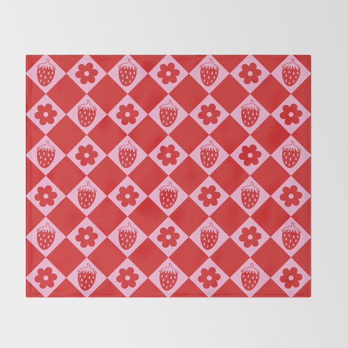 Flowers And Strawberry Pink & Red Checker Throw Blanket Gallery Image 2