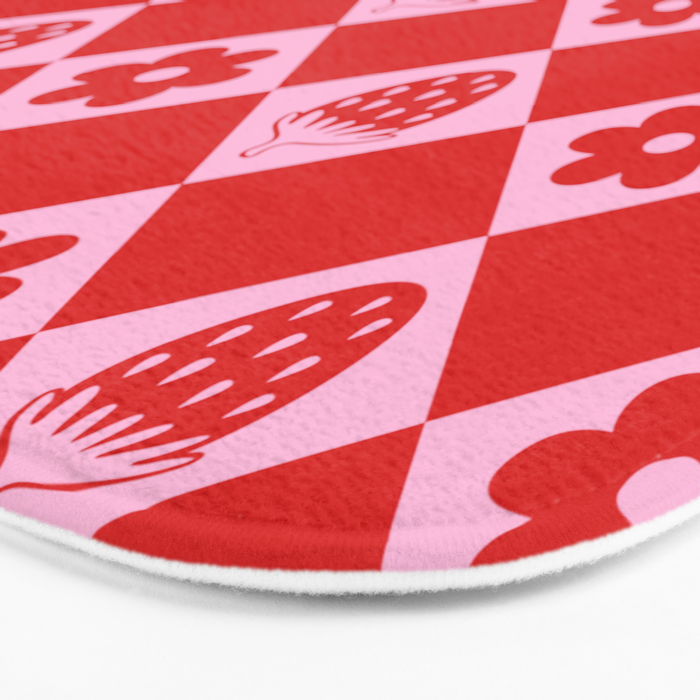 Flowers And Strawberry Pink & Red Checker Bath Mat Gallery Image 3