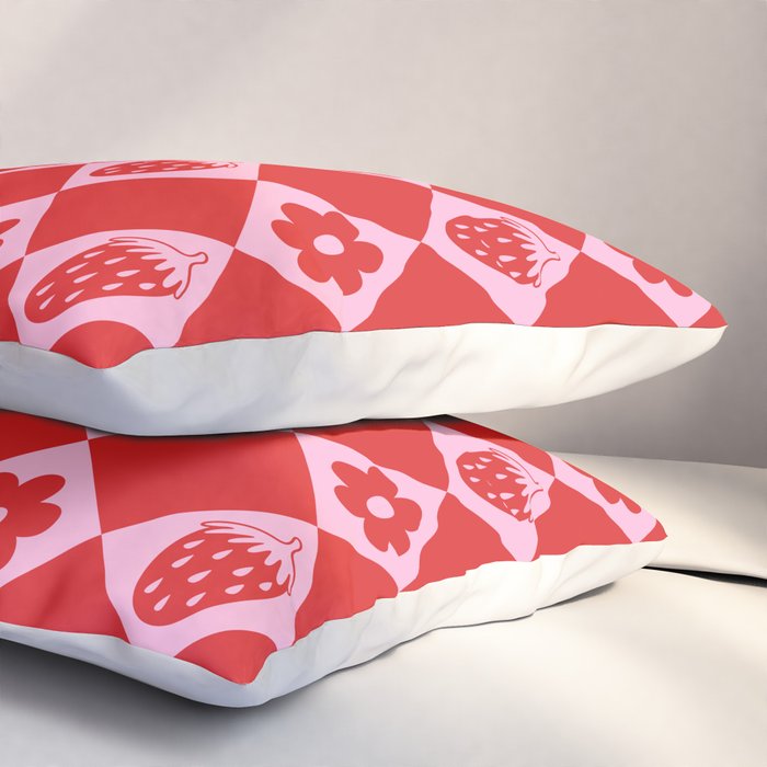 Flowers And Strawberry Pink & Red Checker Pillow Sham Gallery Image 3