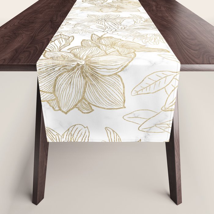 Elegant modern white faux gold marble floral Table Runner Gallery Image 1