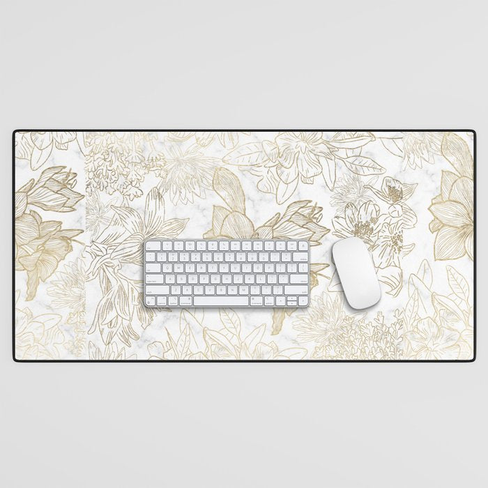 Elegant modern white faux gold marble floral Desk Mat Gallery Image 1