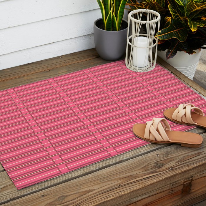 Eclectic Geometric Geo Box Striped Pattern in Bold Pink Brown Cream Outdoor Rug Gallery Image 2