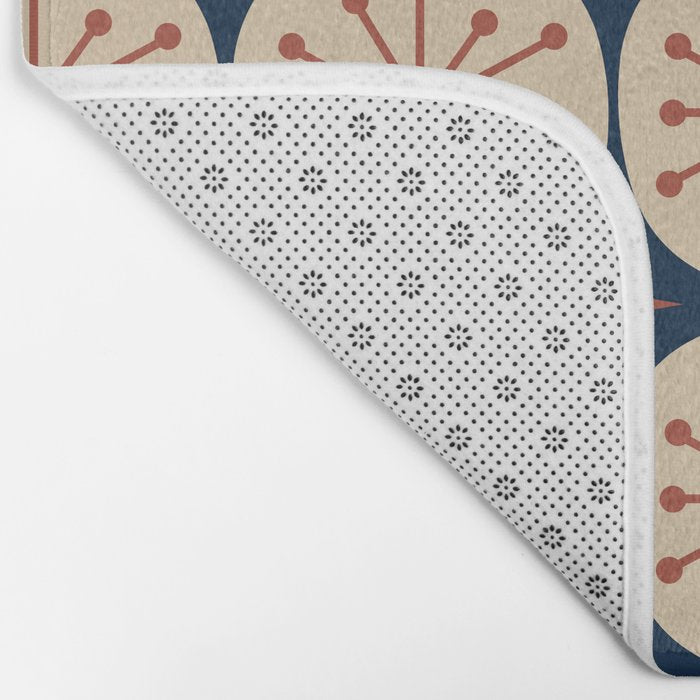 Retro Mid Century Modern Atomic Dots and Stars Pattern in Mid Mod Orange Beige Navy Blue Bath Mat Gallery Image 2