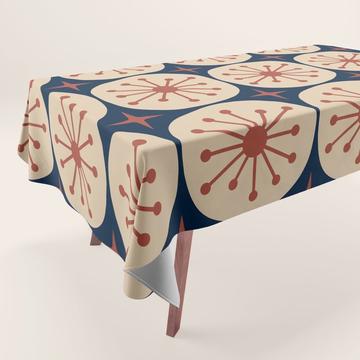 Retro Mid Century Modern Atomic Dots and Stars Pattern in Mid Mod Orange Beige Navy Blue Tablecloth Gallery Image 1
