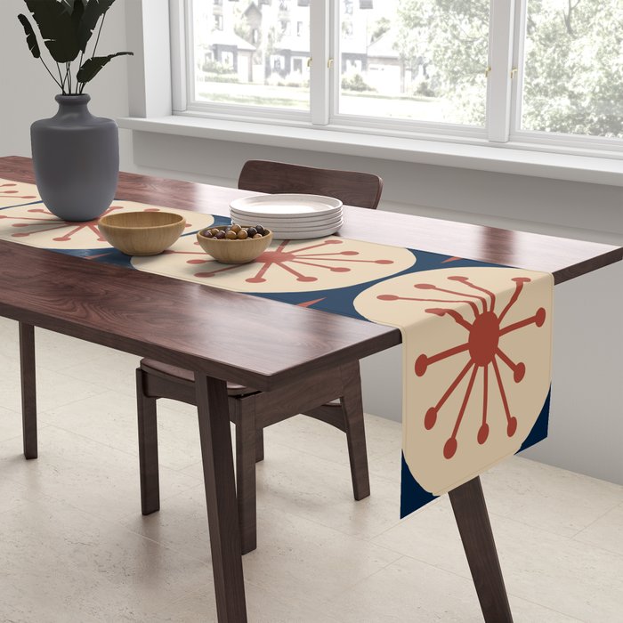 Retro Mid Century Modern Atomic Dots and Stars Pattern in Mid Mod Orange Beige Navy Blue Table Runner Gallery Image 2