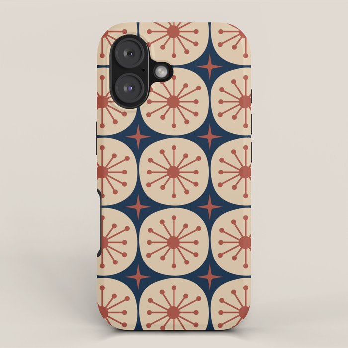Retro Mid Century Modern Atomic Dots and Stars Pattern in Mid Mod Orange Beige Navy Blue iPhone Case Gallery Image 1
