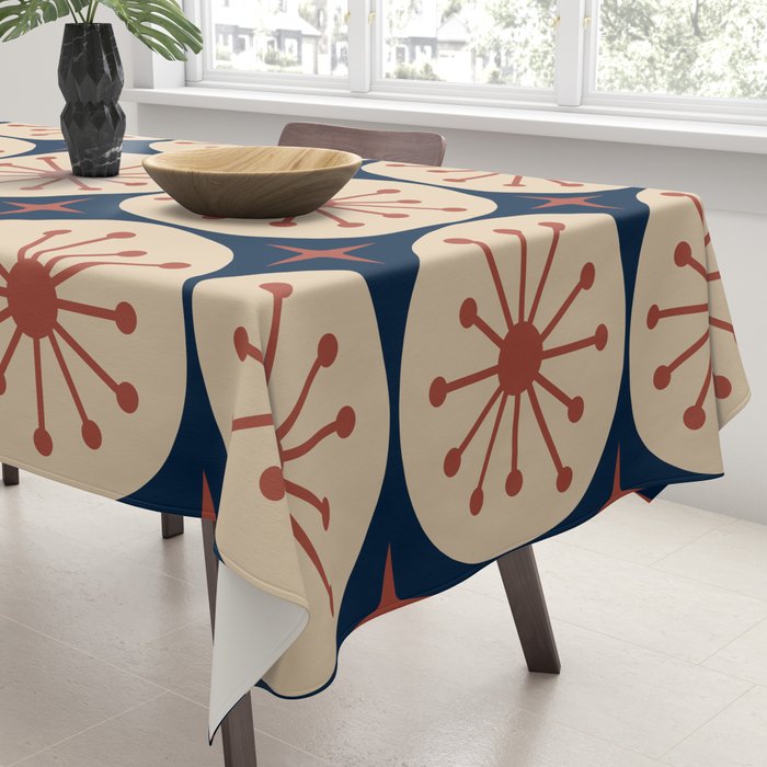 Retro Mid Century Modern Atomic Dots and Stars Pattern in Mid Mod Orange Beige Navy Blue Tablecloth Gallery Image 3