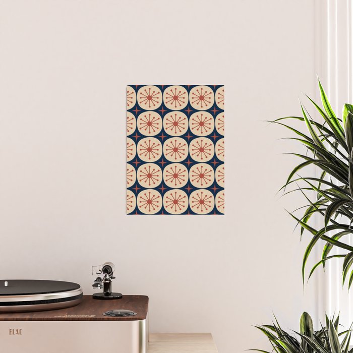 Retro Mid Century Modern Atomic Dots and Stars Pattern in Mid Mod Orange Beige Navy Blue Poster Gallery Image 2