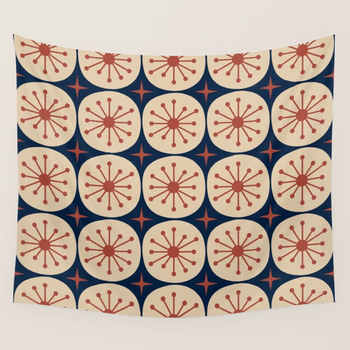 Retro Mid Century Modern Atomic Dots and Stars Pattern in Mid Mod Orange Beige Navy Blue Wall Tapestry Gallery Image 4