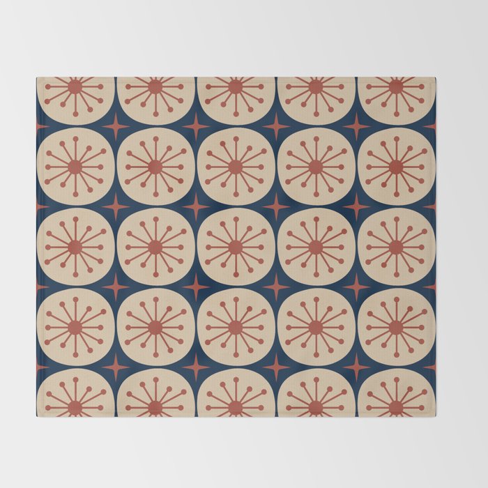 Retro Mid Century Modern Atomic Dots and Stars Pattern in Mid Mod Orange Beige Navy Blue Throw Blanket Gallery Image 2
