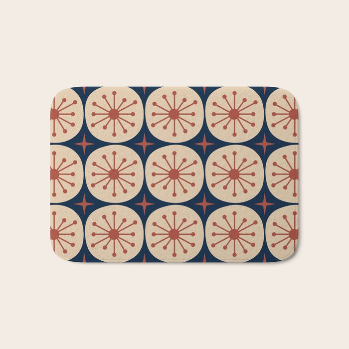 Retro Mid Century Modern Atomic Dots and Stars Pattern in Mid Mod Orange Beige Navy Blue Bath Mat Gallery Image 1