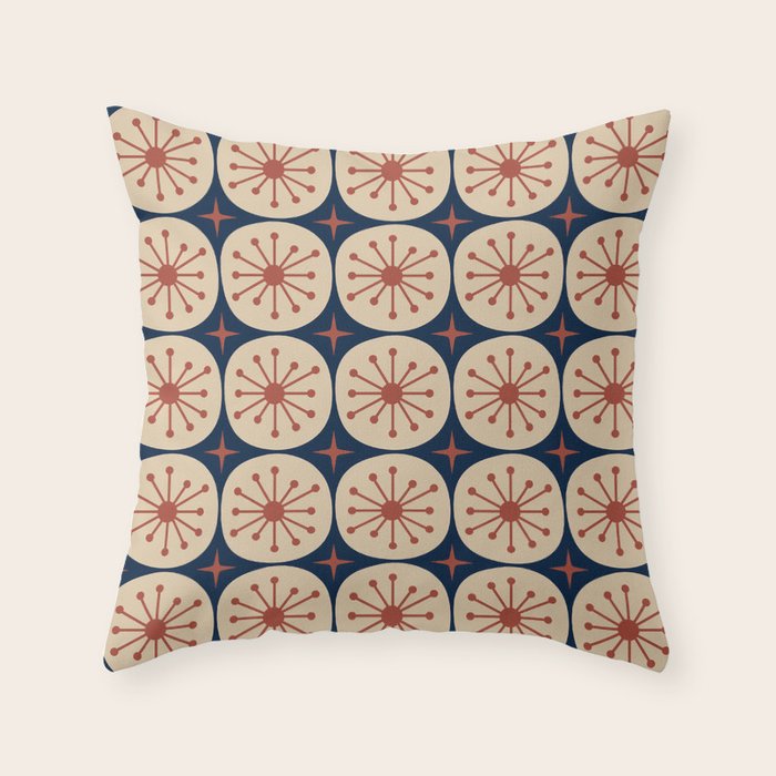 Retro Mid Century Modern Atomic Dots and Stars Pattern in Mid Mod Orange Beige Navy Blue Throw Pillow Gallery Image 6