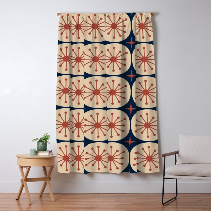 Retro Mid Century Modern Atomic Dots and Stars Pattern in Mid Mod Orange Beige Navy Blue Window Curtain Gallery Image 5