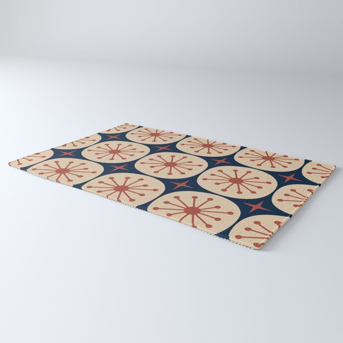 Retro Mid Century Modern Atomic Dots and Stars Pattern in Mid Mod Orange Beige Navy Blue Rug Gallery Image 3