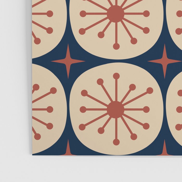 Retro Mid Century Modern Atomic Dots and Stars Pattern in Mid Mod Orange Beige Navy Blue Poster Gallery Image 3